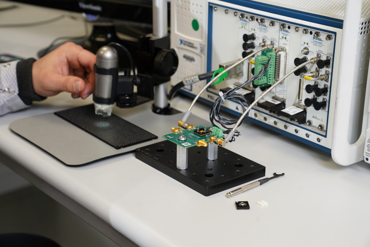 Electronic component hooked up to equipment for testing